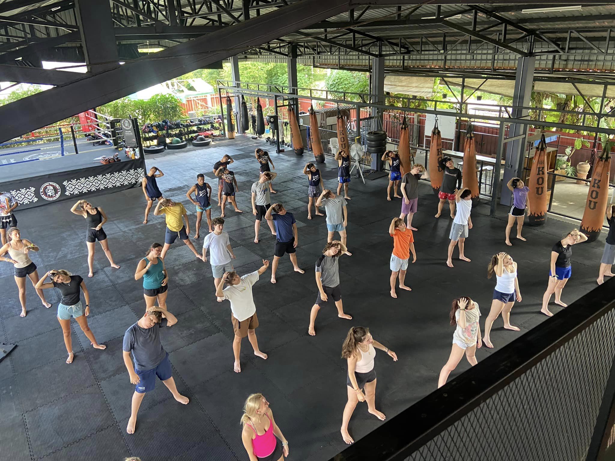 Group fitness training at the Lanna Muay Thai gym in Chiang Mai